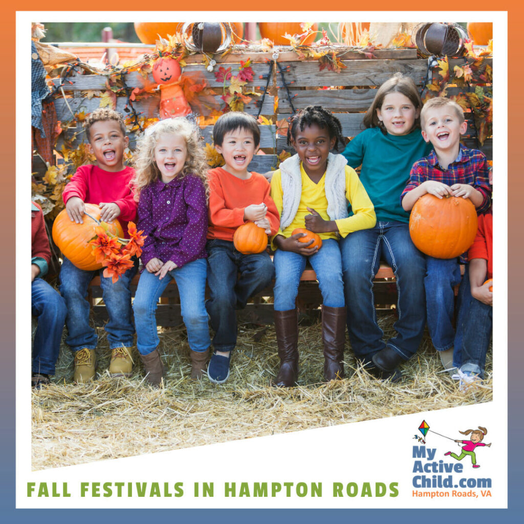 Kids sitting with pumpkins on the farm to illustrate the listing for Fall Festivals in Hampton Roads