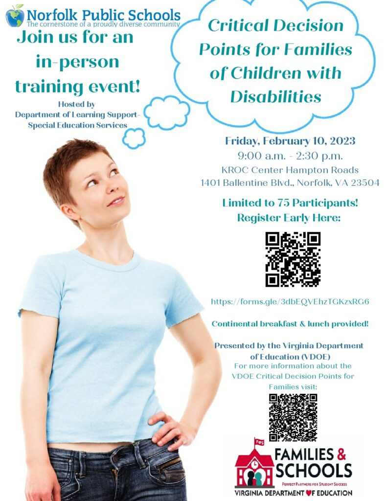 Woman thinking, with information about Critical Decision Points-In Person Training Event from Norfolk Public Schools Feb 10th