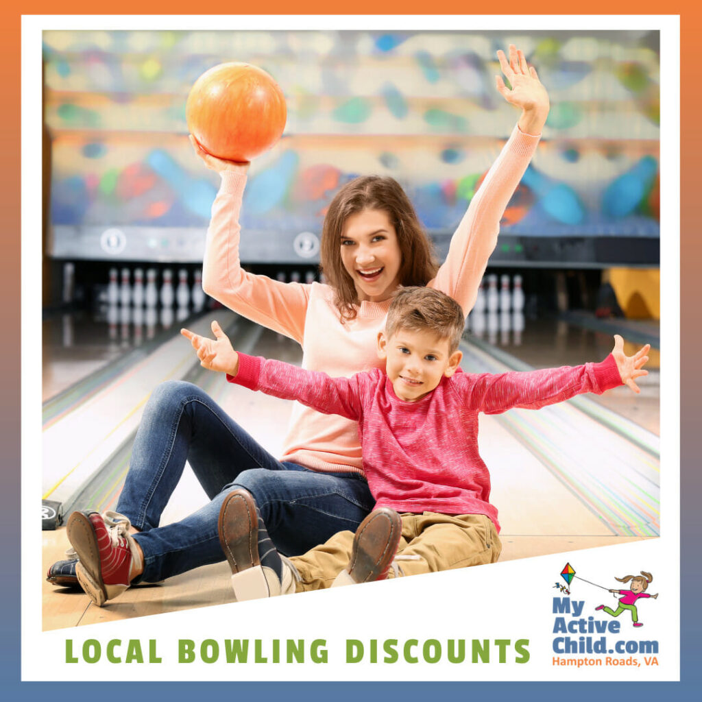 mother and son sitting in a bowling lane, highlighting local bowling discounts in hampton roads, virginia