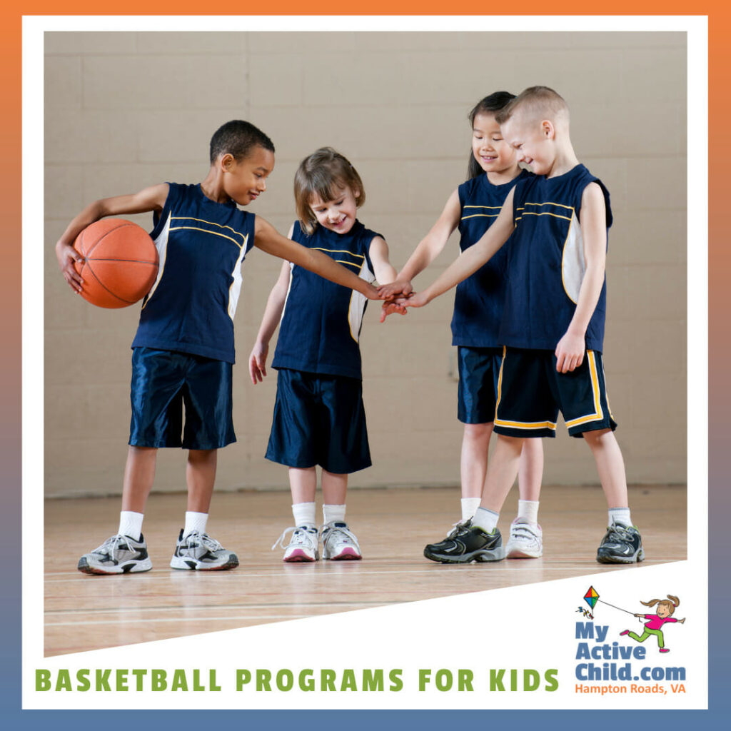 Kids in basketball uniforms highlighting the Basketball Programs for Kids in Hampton Roads Virginia