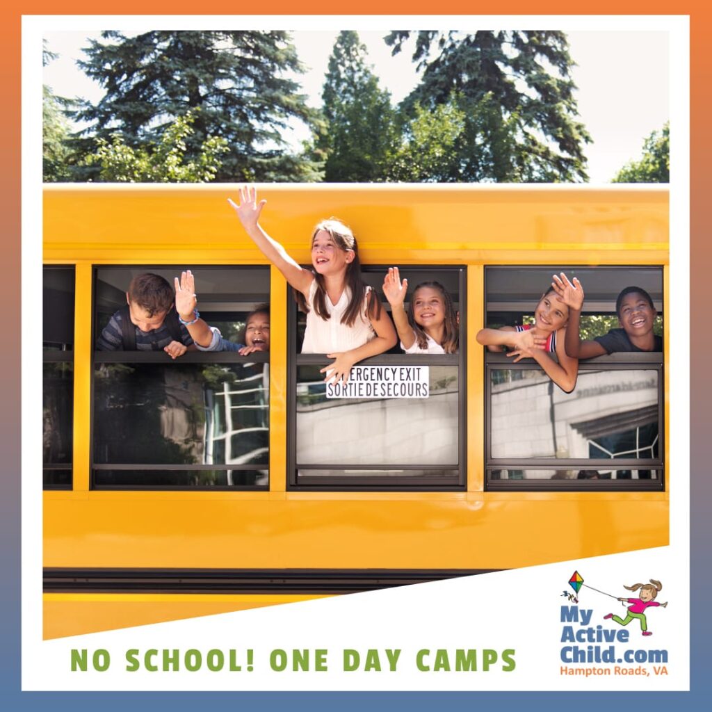 Kids waving from a school bus, illustrating a post listing one day camps for kids on the days that school is out.