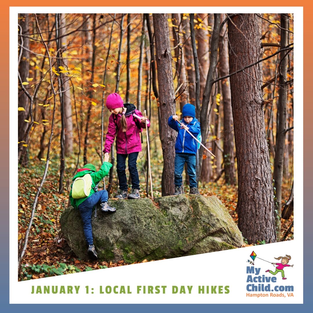 Kids standing on a large rock in a wooded area. Graphic made to highlight the local First Day Hikes on New Years Day