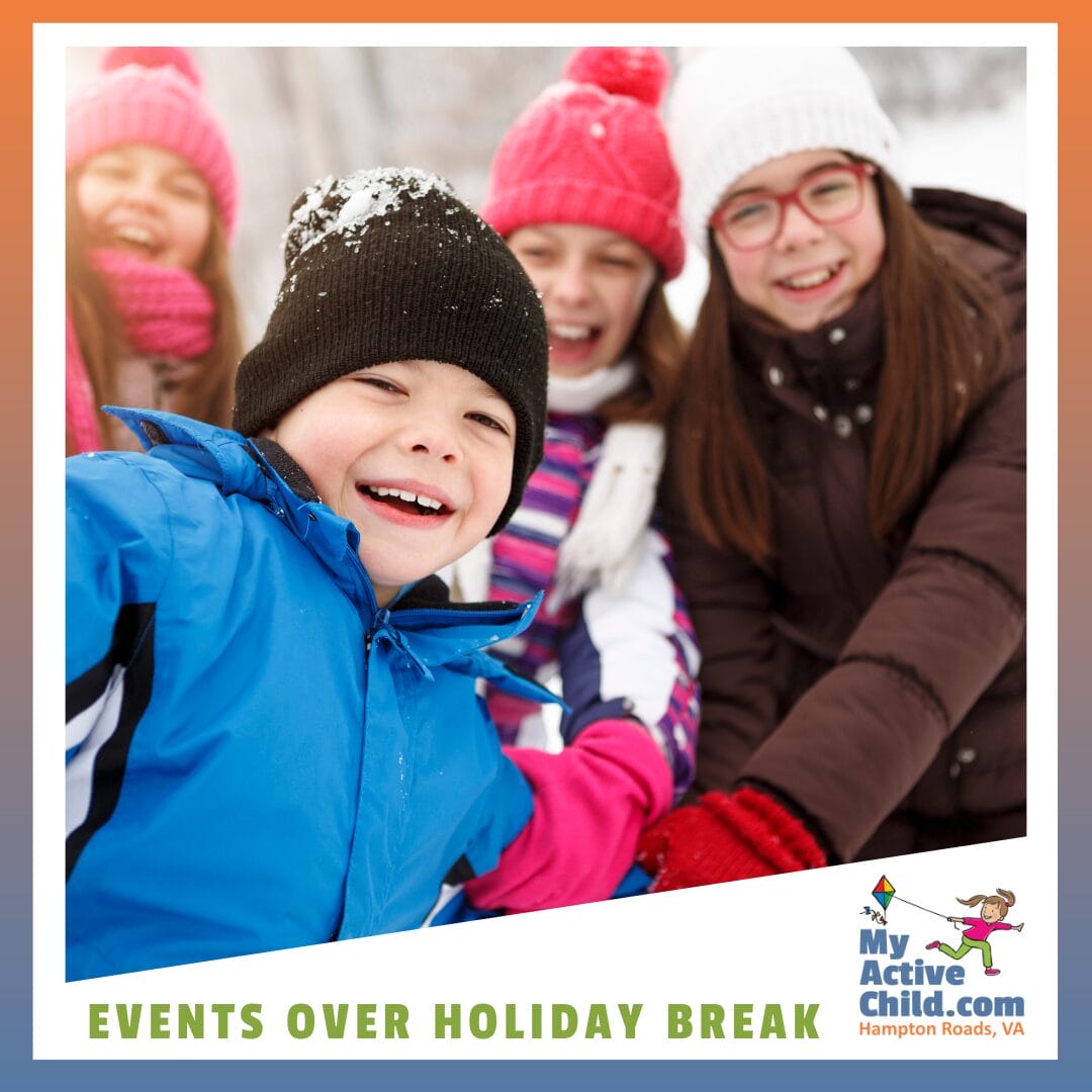 Kids in winter clothes outside having fun and smiling at the camera. Image highlighting Holiday Break Ideas and Events in Hampton Roads