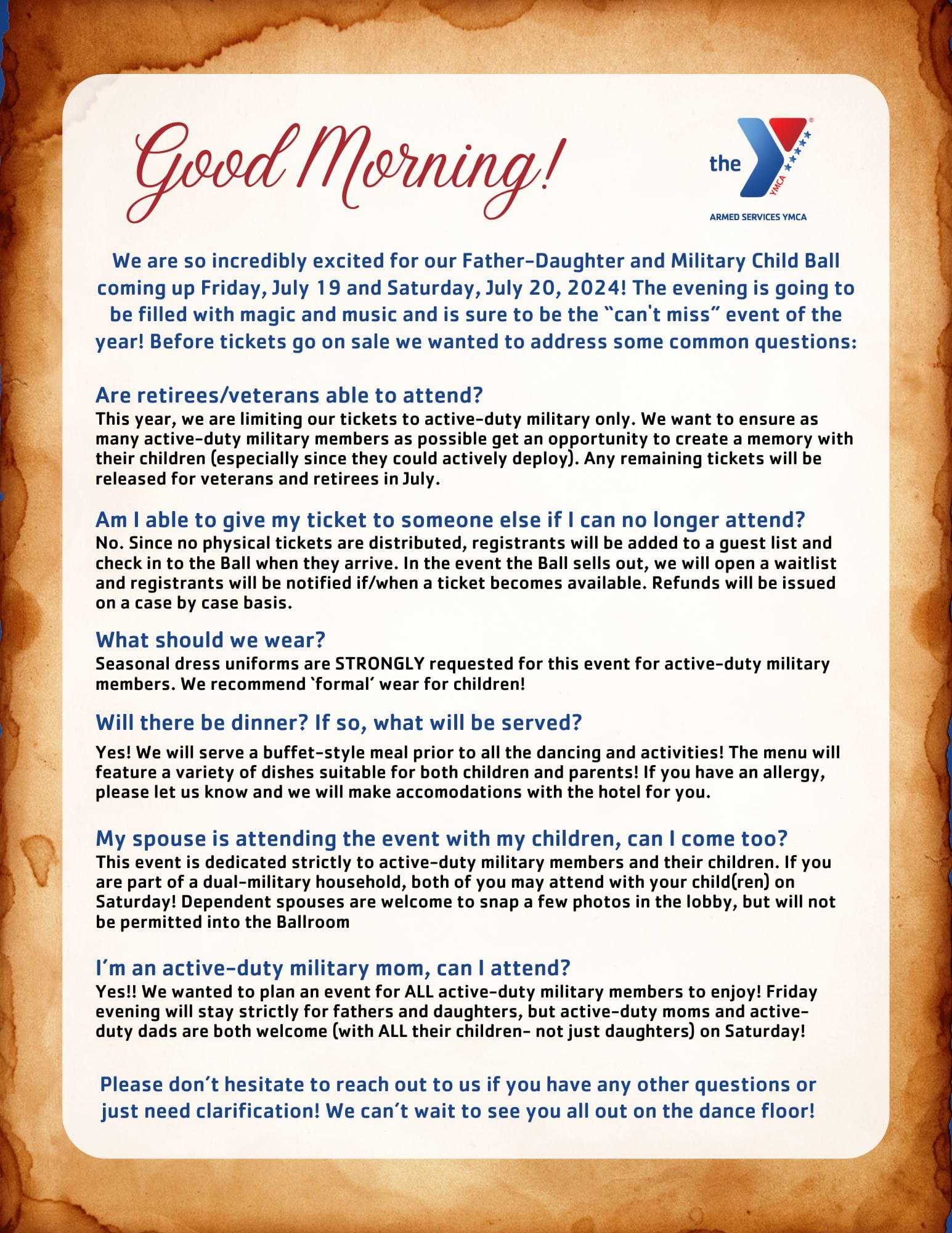 List of FYI and details for the upcoming ASYMCA Father Daughter Military Ball in Norfolk VA