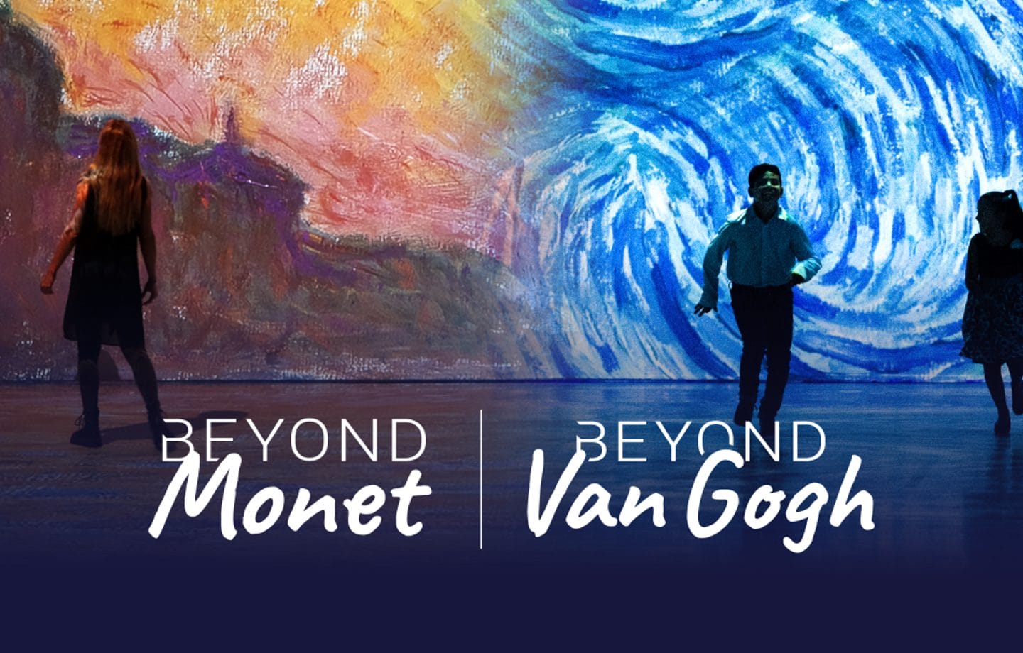 Art renderings of Monet and Van Gogh paintings projected on the wall with the silhouette of people standing in front of them. This image is a promotional image for the Beyond Monet and Beyond Van Gogh Immersive Experience in Virginia Beach Summer 2024.