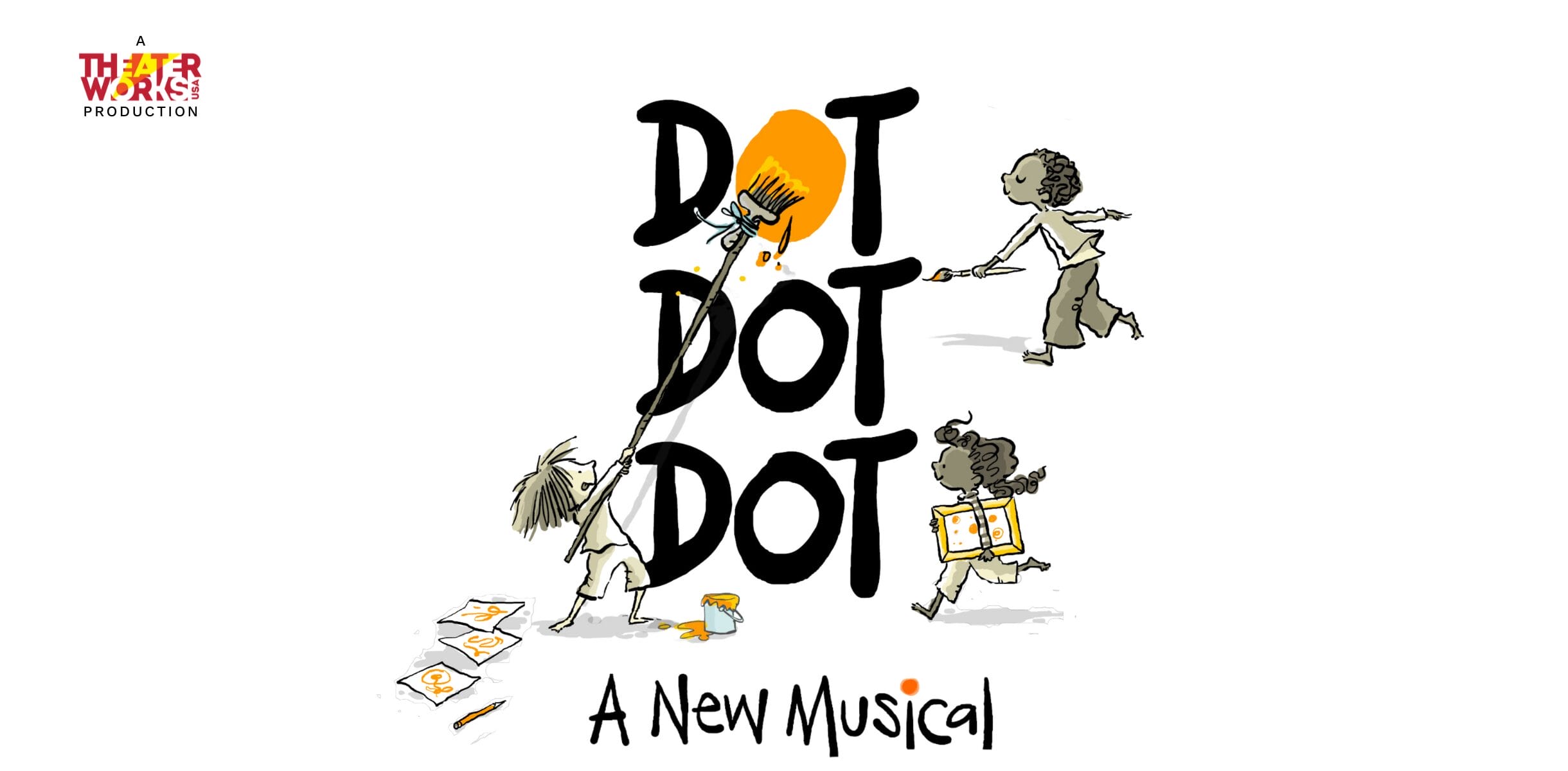 The 3 words DOT DOT DOT are stacked on top of each other with children using orange paint to make their mark on the O in the word DOT at the top of the stacked words. This image illustrates the creativity at the heart of the new musical it is illustrating - DOT DOT DOT - A NEW MUSICAL.