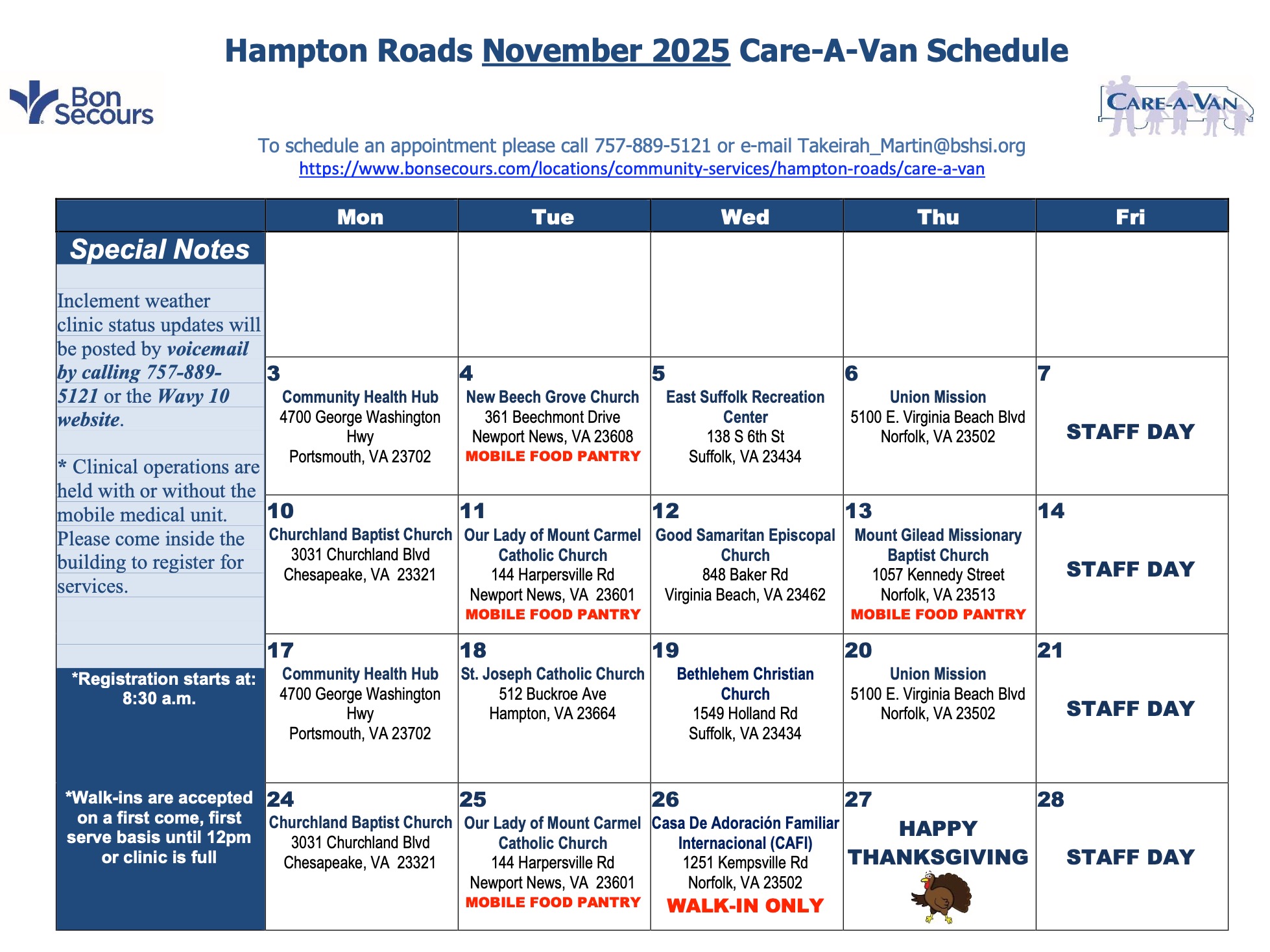 November 2025 Care-A-Van Calendar