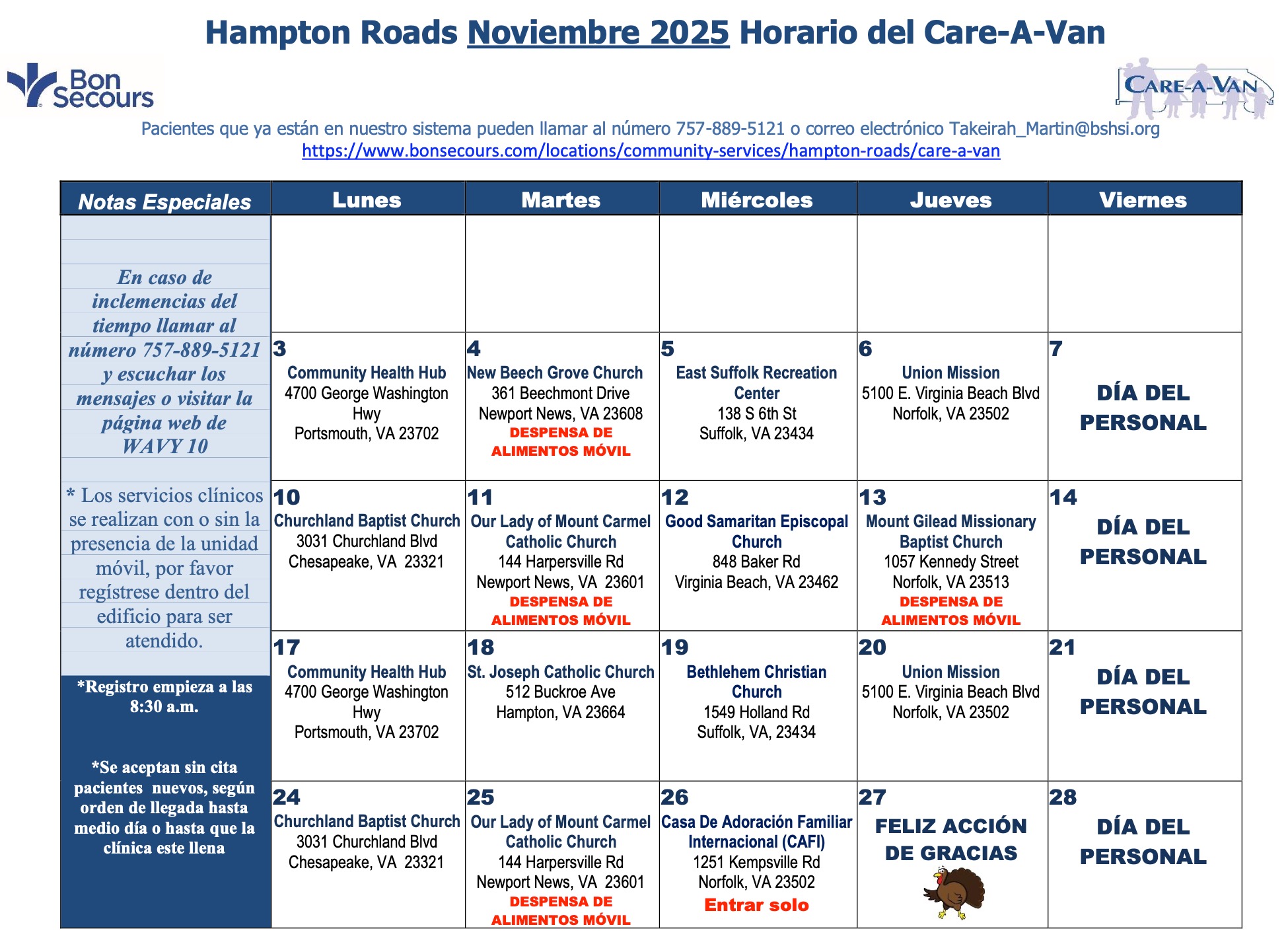 November 2025 Care-A-Van Calendar