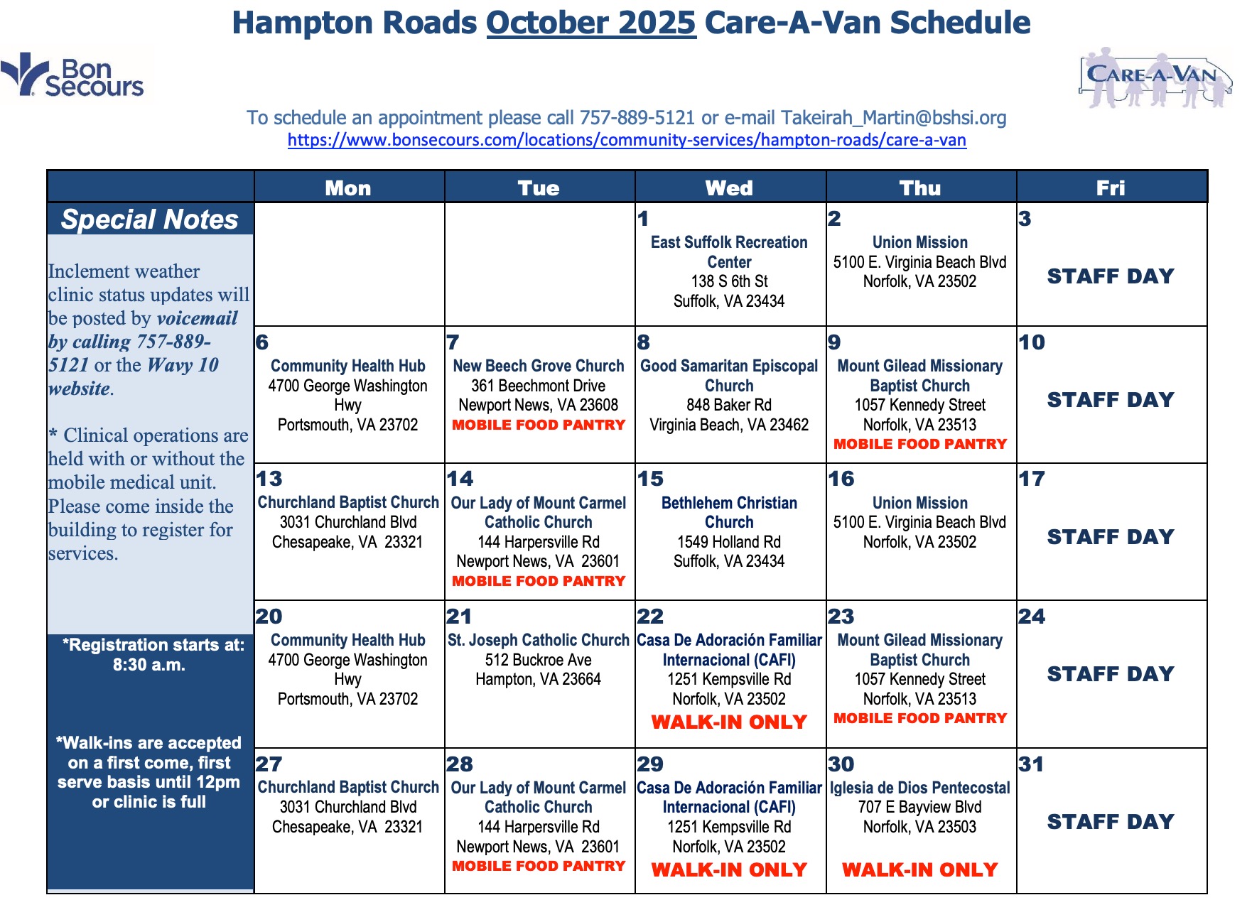 October 2025 Care-A-Van Calendar